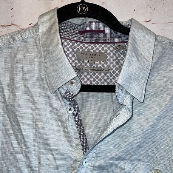 Ted Baker Shirt Mens 7 White Blue Short Sleeve Button Front Chest Pocket Casual - Picture 2 of 10